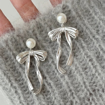 DAIIIBABYYY  -  New Arrival South Korea Light Luxury Tassel Long Pearl Bow Dangle Earrings For Women Fashion Sweet Metal Jewelry Gifts
